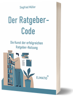 3D Ansicht des Covers vom Taschenbuchs  "Der Ratgeber-Code" Mann steht vor Bücherregal und nimmt ein Buch heraus