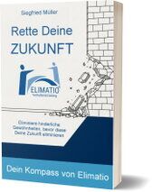 Logo und Bild von Elimatio. Zwei Personen auf einer Brücke die sich gegenüber stehen und sich die Hand reichen