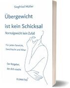 3D-Ansicht des Taschenbuchs von Elimatio "Übergewicht ist kein Schicksal., Gezeichneter oberkörper einer Frau im Halbprofil mit Hand am Kinn
