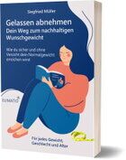 3d-Ansicht des Ratgebers "Gelassen abnehmen-der Weg zum nachhaltigen Wunschgewicht. Zeichnung: Übergewichtige Frau sitz auf dem Boden und hält das Buch in der Hand