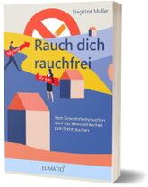 Zeichnung Landschaft mit Häusern und zwei Personen Mann und Frau die auf dem Weg zu einem Nichtrauchersybol sind